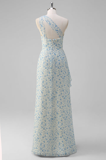 Hvid Blå Blomst En Skulder Brudepige Kjole med Slids